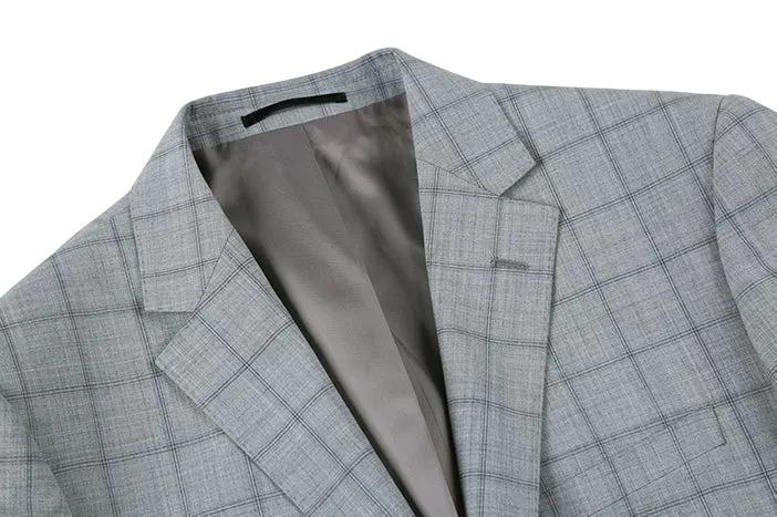 100% Wool Slim Fit Windowpane Dress Suit 2 Piece in Gray