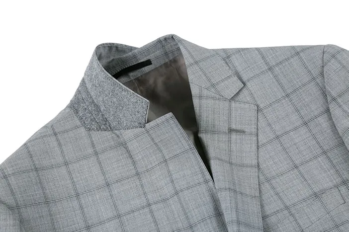 100% Wool Slim Fit Windowpane Dress Suit 2 Piece in Gray