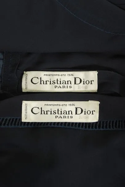 1974 Christian Dior Haute Couture Navy Pleated Silk Cutwork Dress Set