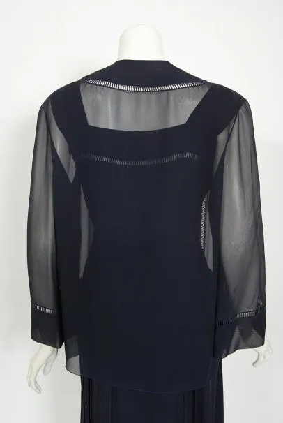 1974 Christian Dior Haute Couture Navy Pleated Silk Cutwork Dress Set