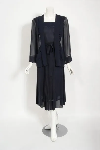 1974 Christian Dior Haute Couture Navy Pleated Silk Cutwork Dress Set