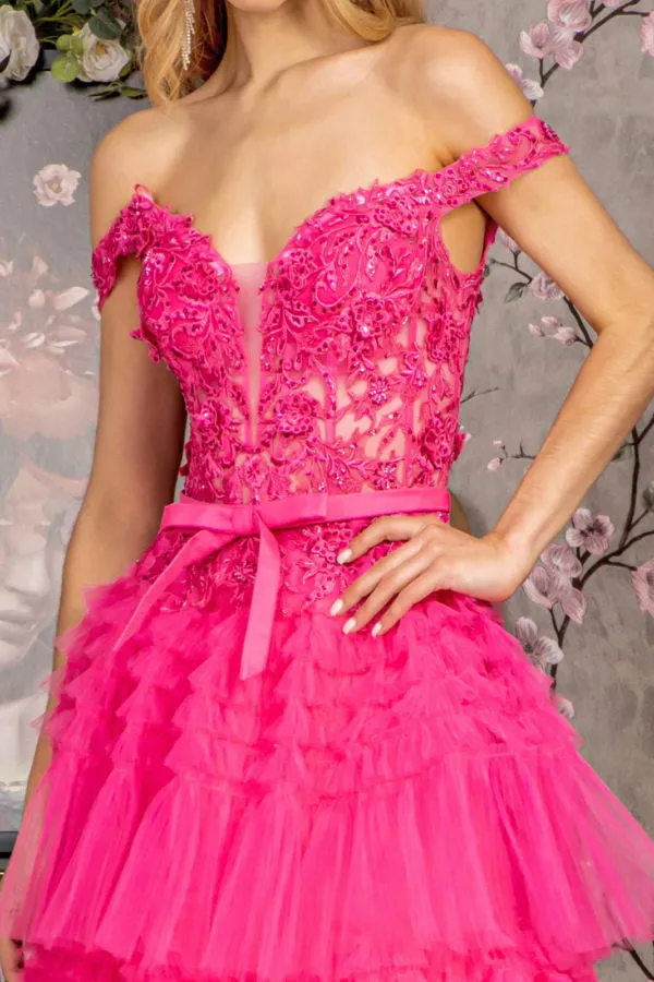 3-D Flower Off Shoulder Mesh A-line Long Dress w/ Ribbon waist Band