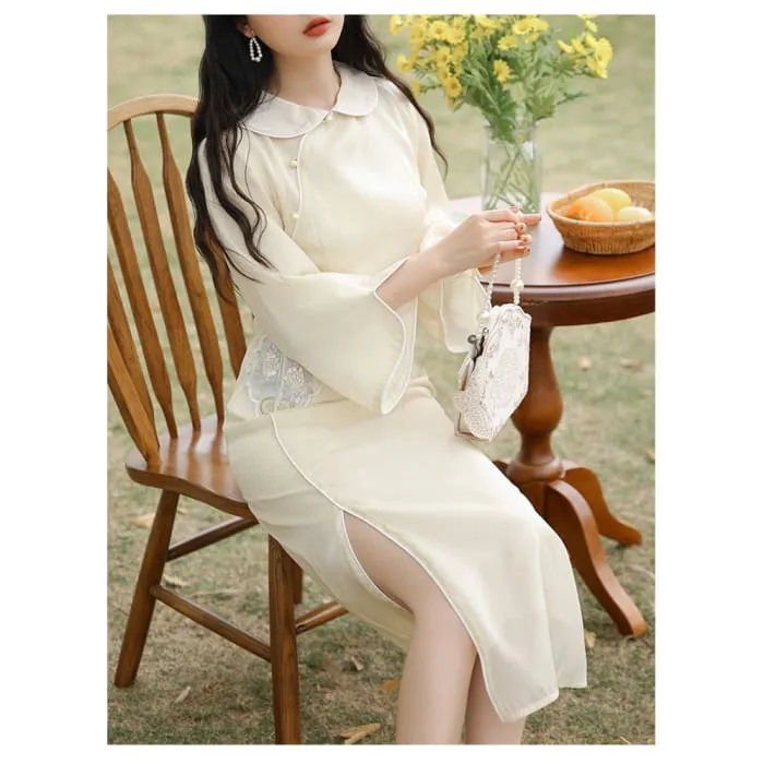 3/4-Sleeve Peter Pan Collar Floral Embroidered Slit Midi A-Line Dress