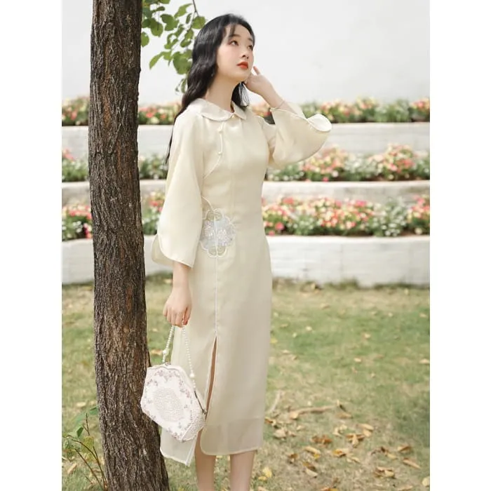 3/4-Sleeve Peter Pan Collar Floral Embroidered Slit Midi A-Line Dress
