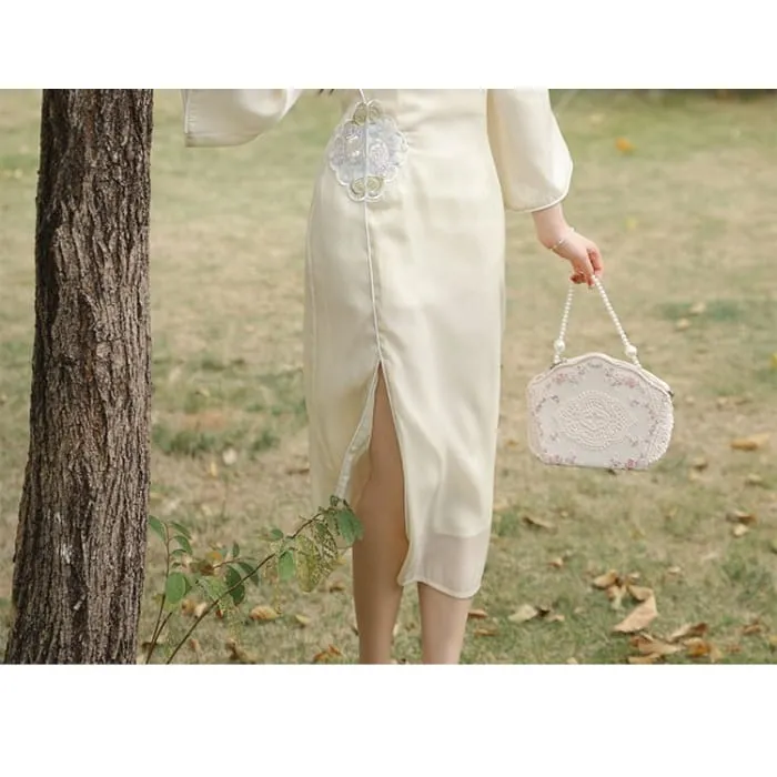 3/4-Sleeve Peter Pan Collar Floral Embroidered Slit Midi A-Line Dress