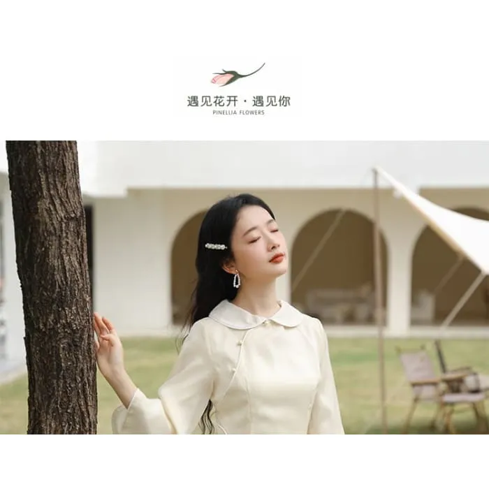 3/4-Sleeve Peter Pan Collar Floral Embroidered Slit Midi A-Line Dress
