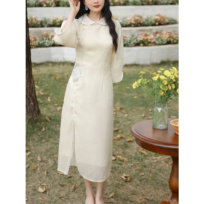 3/4-Sleeve Peter Pan Collar Floral Embroidered Slit Midi A-Line Dress