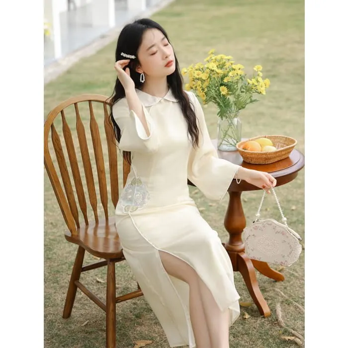 3/4-Sleeve Peter Pan Collar Floral Embroidered Slit Midi A-Line Dress