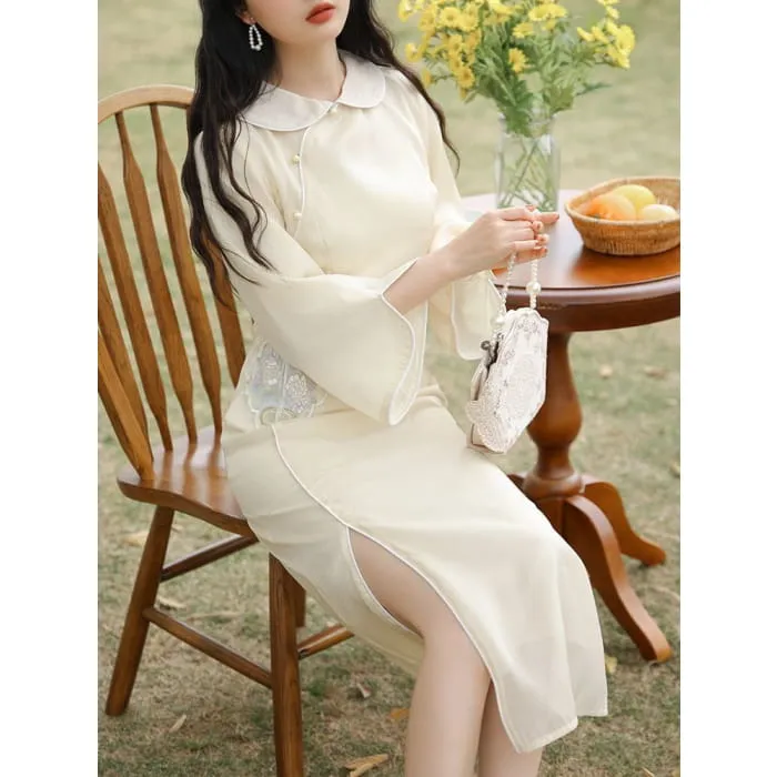 3/4-Sleeve Peter Pan Collar Floral Embroidered Slit Midi A-Line Dress