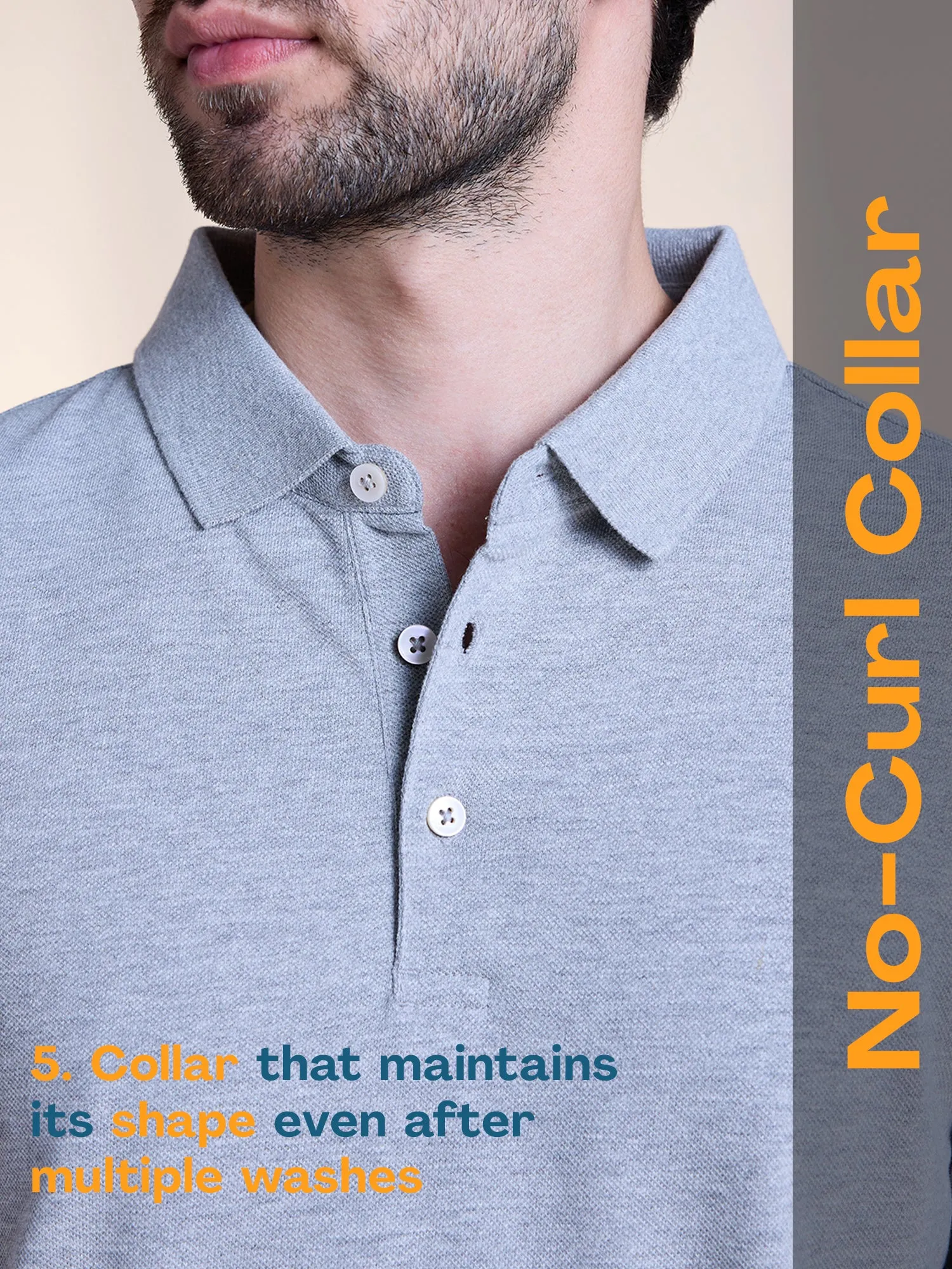 Anti Stain & Anti Odor Cotton Polo with No - Curl Collar - Mid Grey Melange