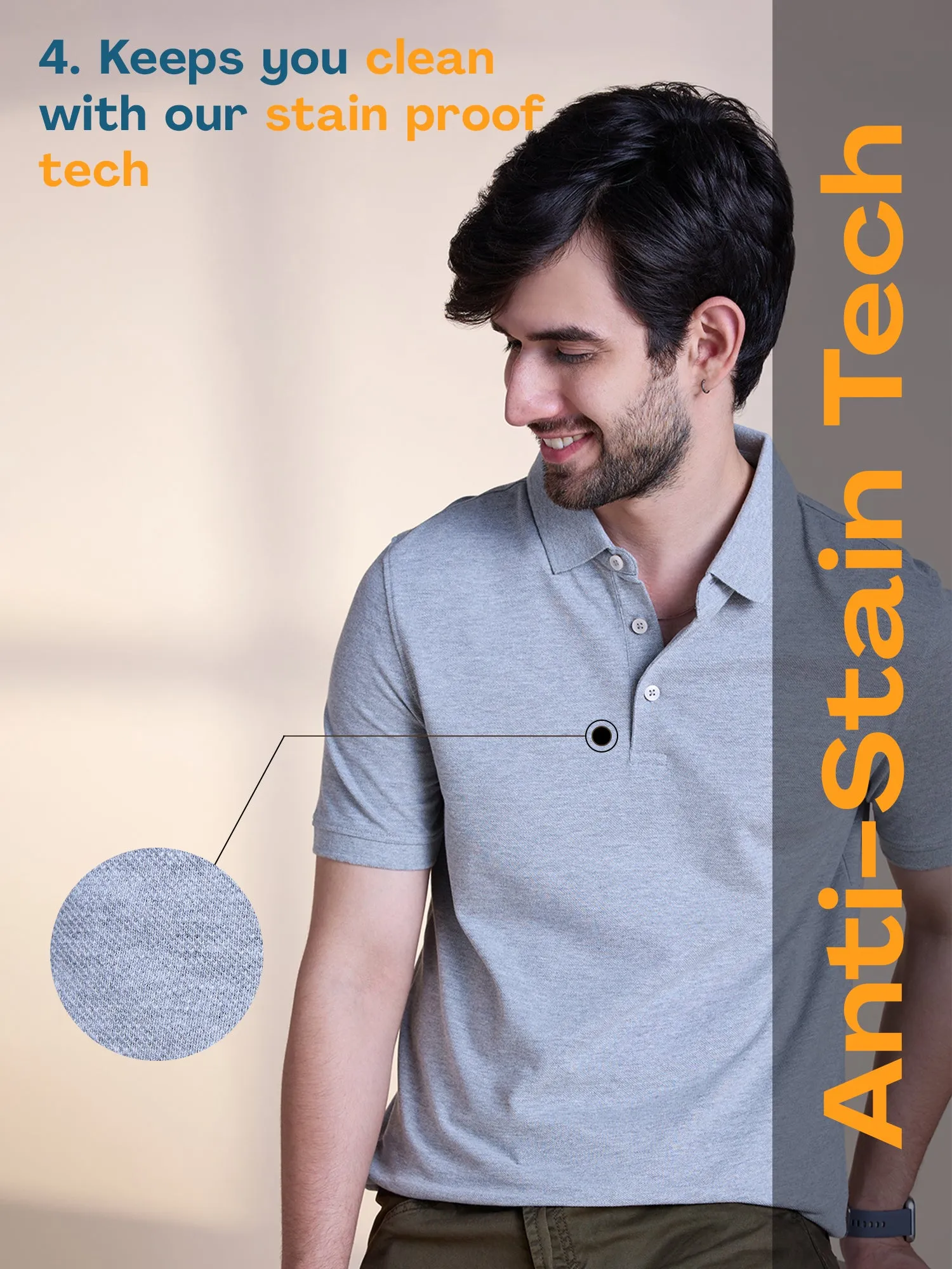 Anti Stain & Anti Odor Cotton Polo with No - Curl Collar - Mid Grey Melange