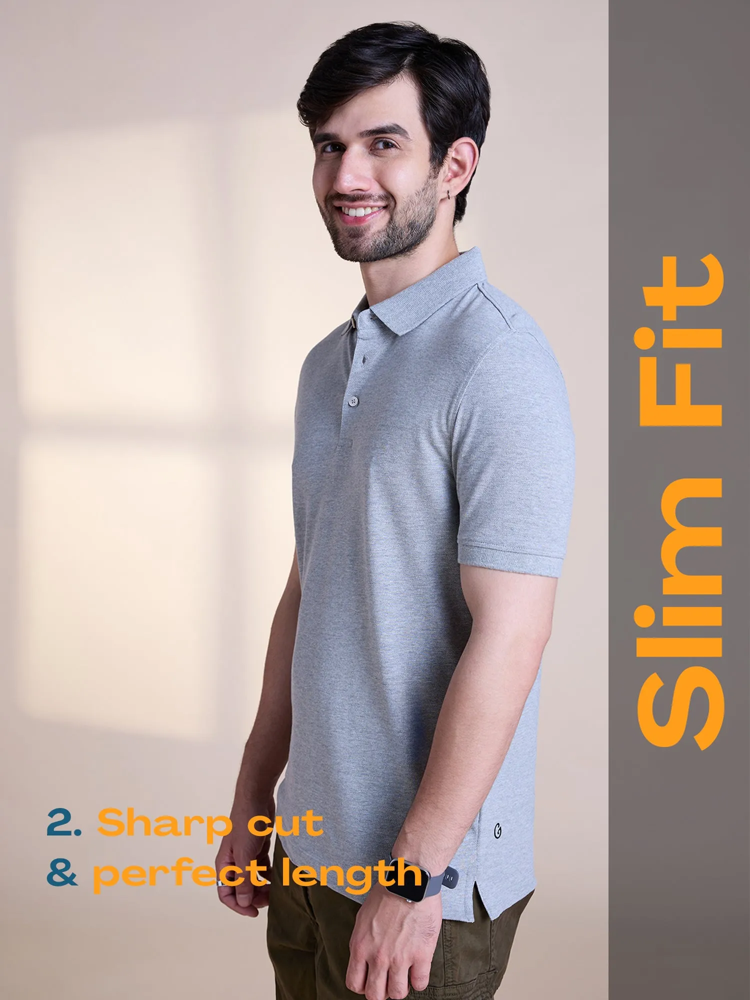 Anti Stain & Anti Odor Cotton Polo with No - Curl Collar - Mid Grey Melange