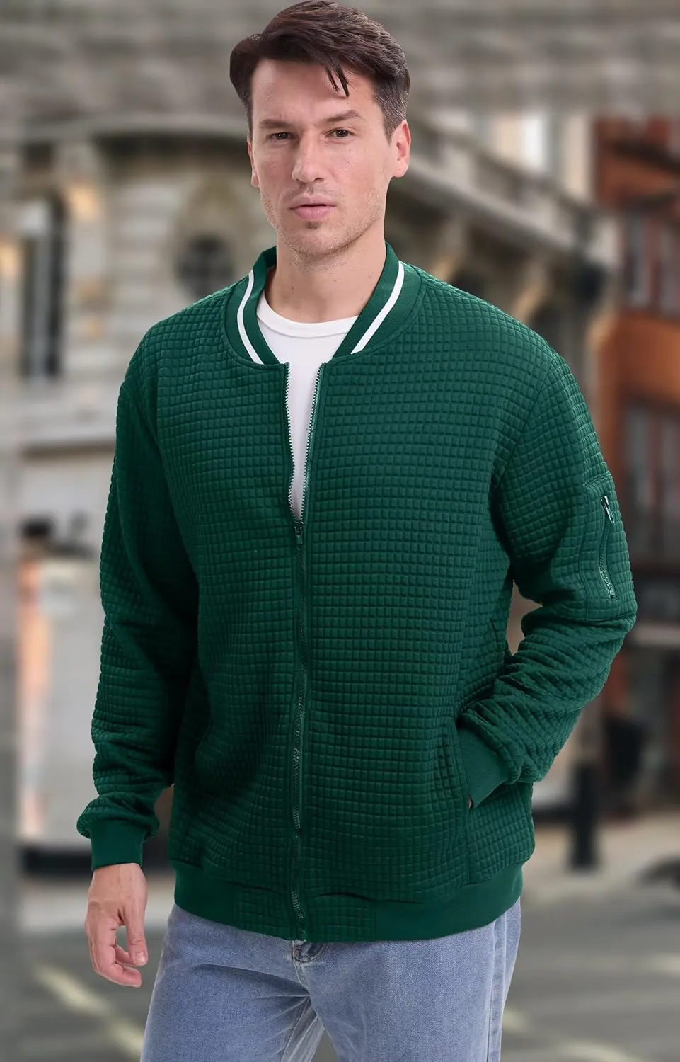 babyhealthy Men's Waffle Jacket Lightweight Varsity Bomber Jackets Letterman Jacket Zip Up Casual Coat with Pockets
