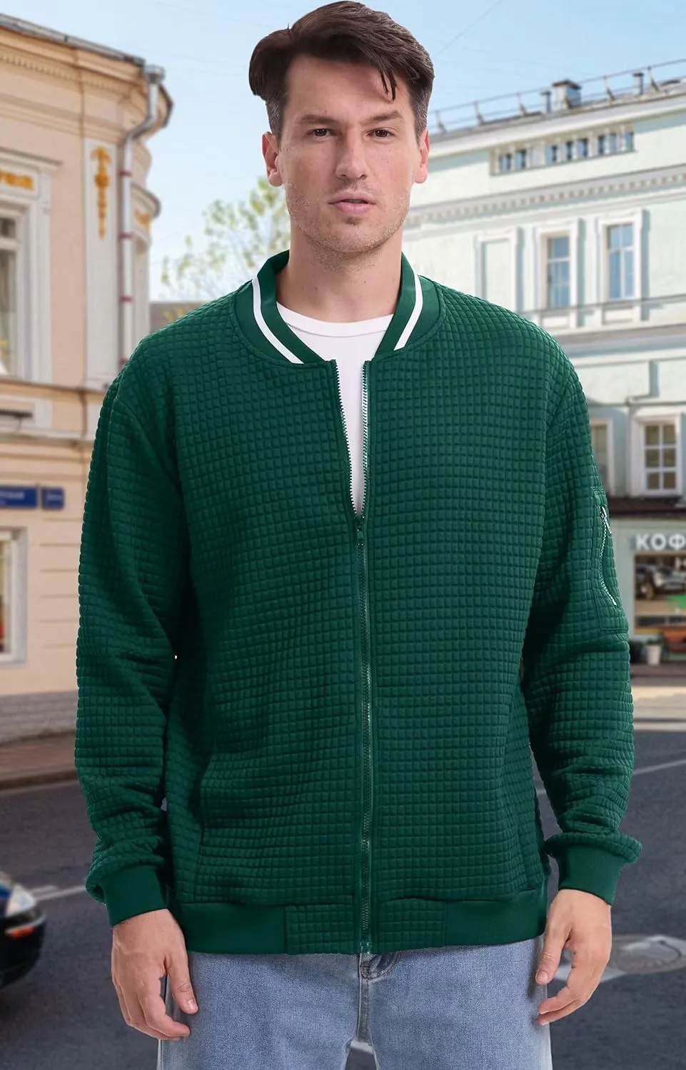babyhealthy Men's Waffle Jacket Lightweight Varsity Bomber Jackets Letterman Jacket Zip Up Casual Coat with Pockets