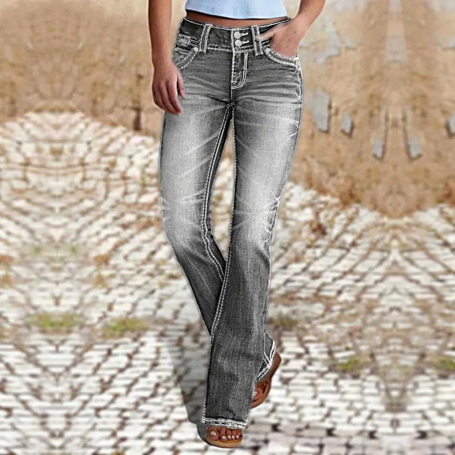 Bell Bottom Jeans for Women Vintage Stretchy Bootcut Wide Leg Low Rise Jeans Distressed Wash Flare Ankle Denim Pants