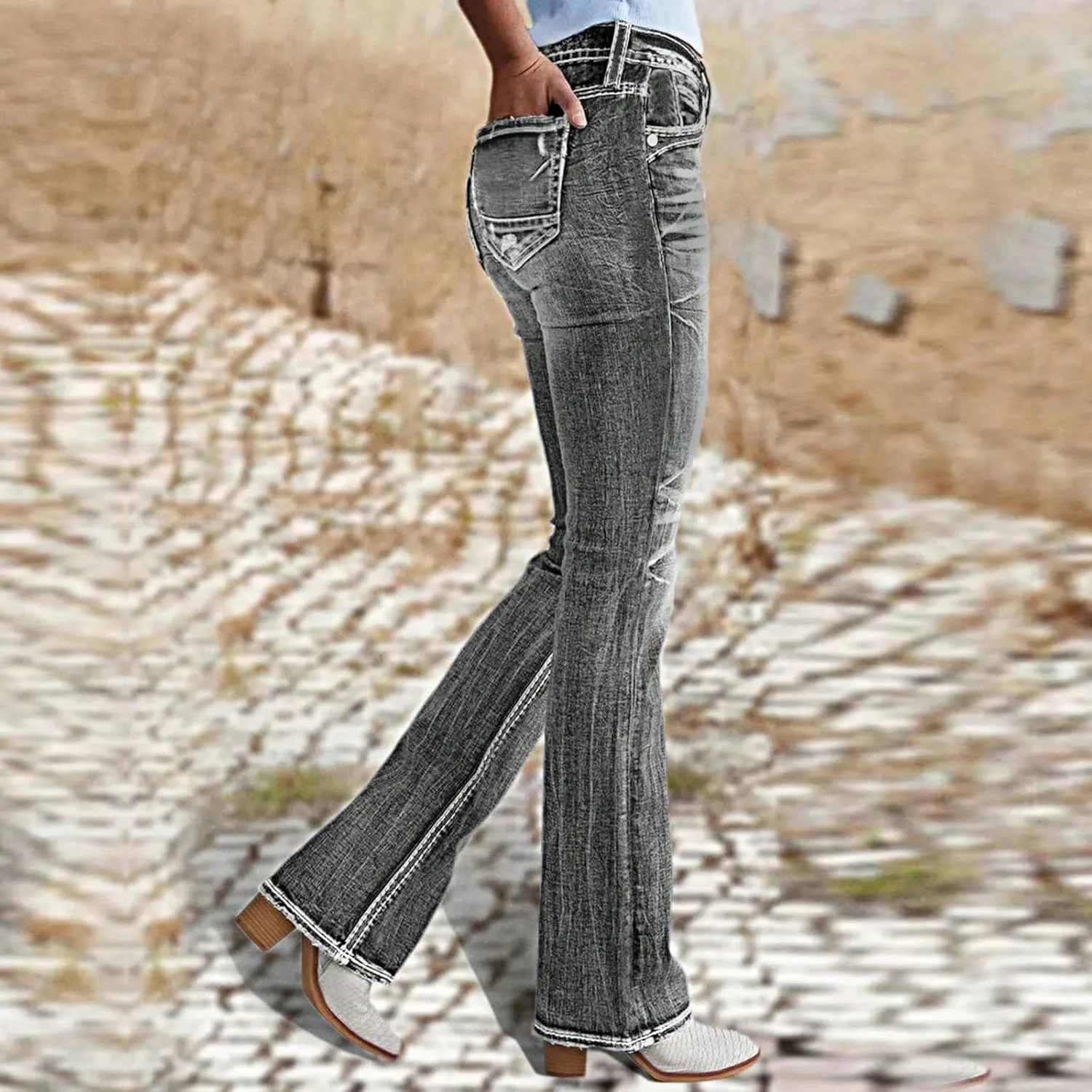 Bell Bottom Jeans for Women Vintage Stretchy Bootcut Wide Leg Low Rise Jeans Distressed Wash Flare Ankle Denim Pants