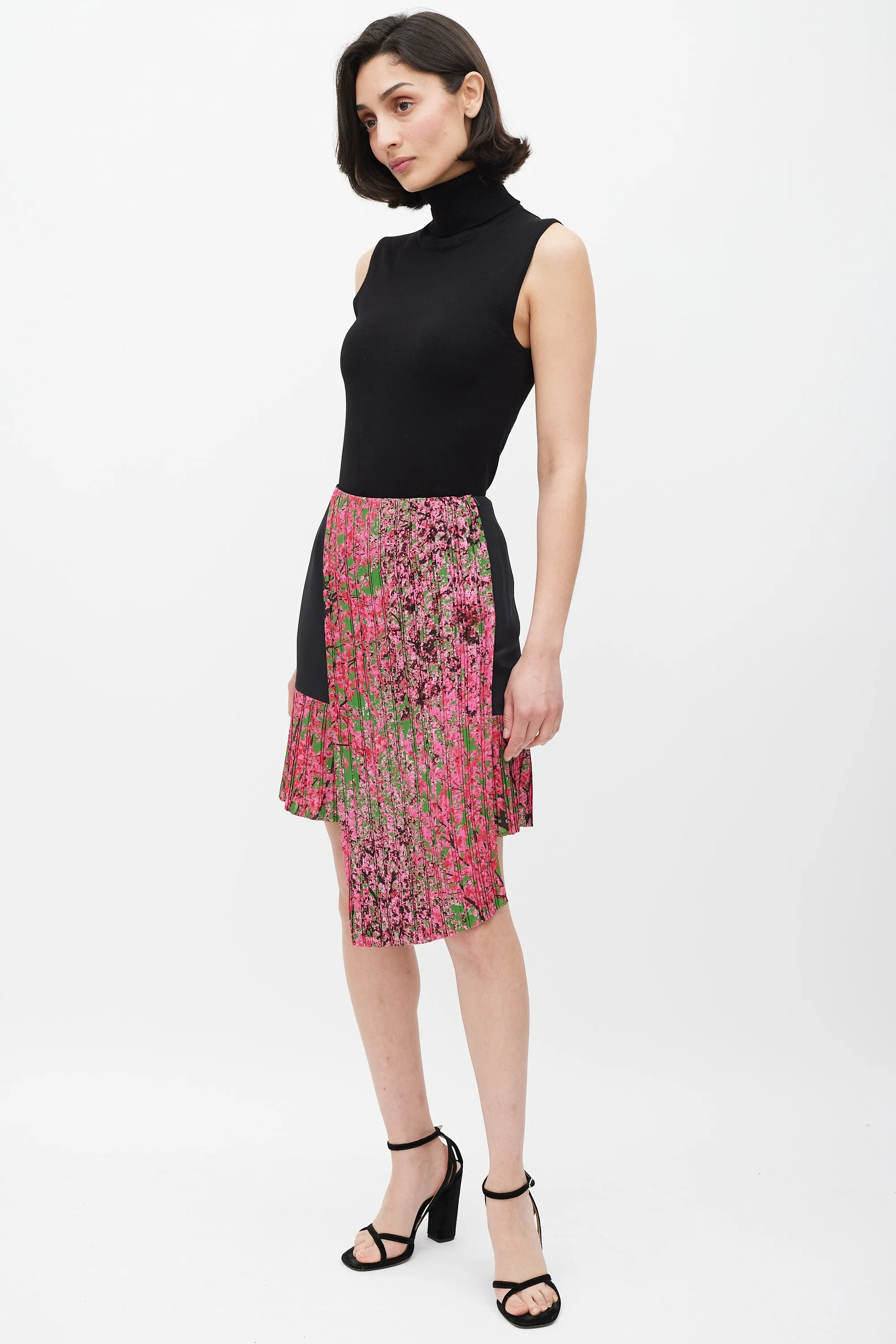 Black & Pink Silk Pleated Wrap Skirt