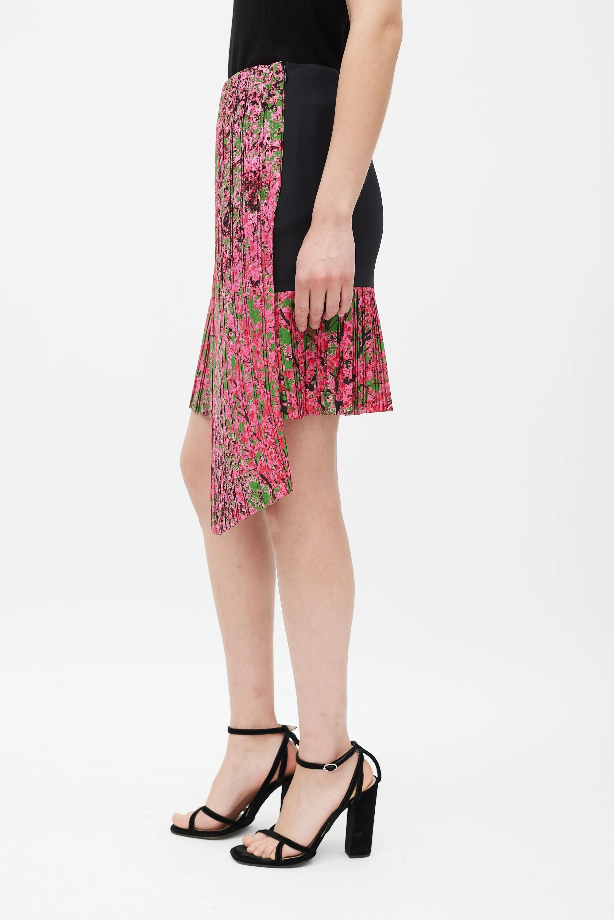 Black & Pink Silk Pleated Wrap Skirt