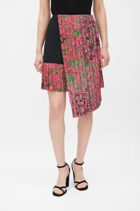 Black & Pink Silk Pleated Wrap Skirt