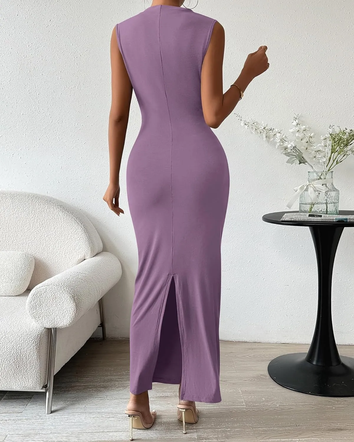 BTFBM Women's Ruched Bodycon Dress Summer Casual Sleeveless Back Slit Elegant Club Evening Party Cocktail Maxi Dresses