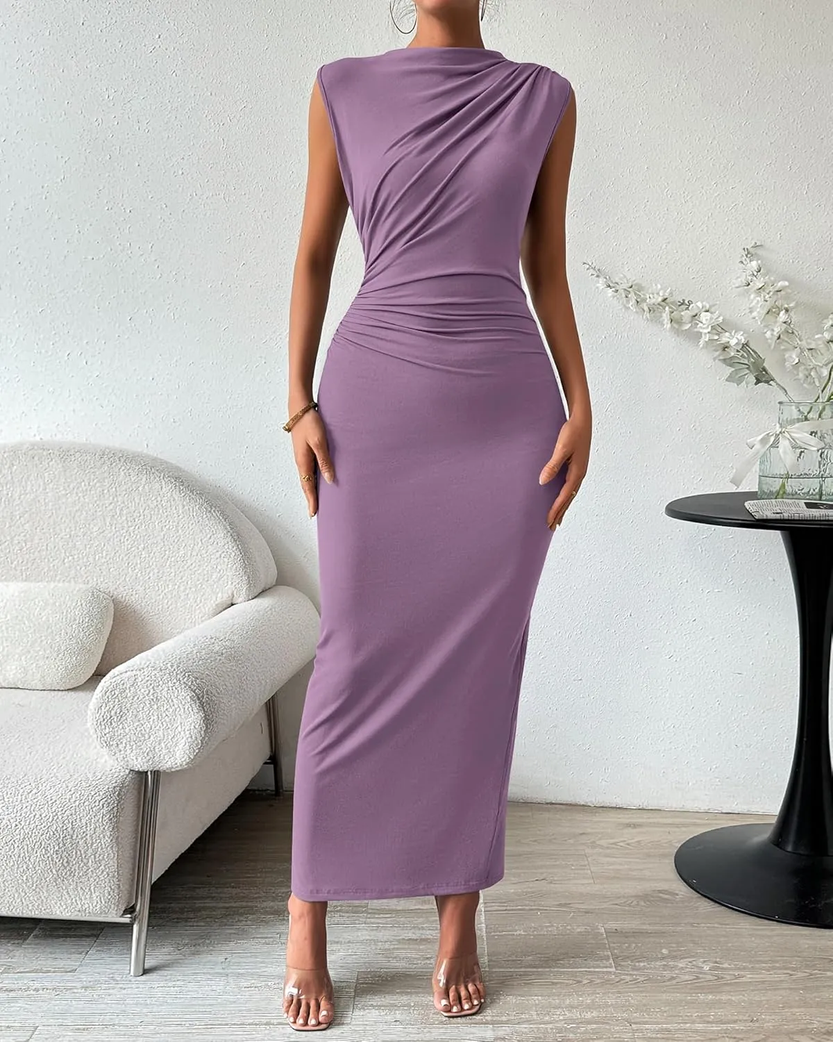 BTFBM Women's Ruched Bodycon Dress Summer Casual Sleeveless Back Slit Elegant Club Evening Party Cocktail Maxi Dresses