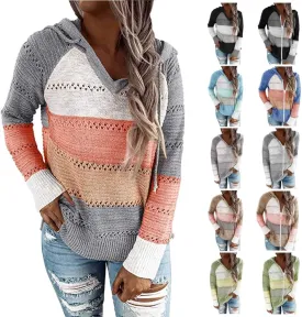 Canbebig Women's 2023 Fall Striped Knit Sweaters Casual Lightweight Color Block Drawstring Hoodies Pullover Tops Zip up Coats