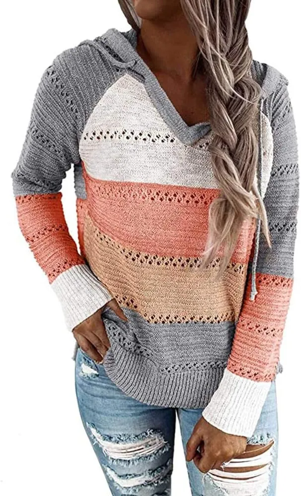 Canbebig Women's 2023 Fall Striped Knit Sweaters Casual Lightweight Color Block Drawstring Hoodies Pullover Tops Zip up Coats