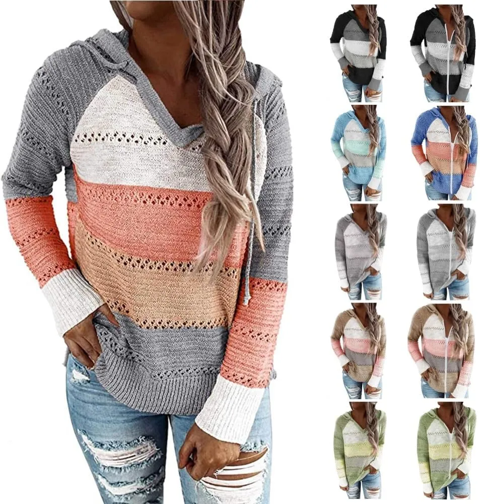 Canbebig Women's 2023 Fall Striped Knit Sweaters Casual Lightweight Color Block Drawstring Hoodies Pullover Tops Zip up Coats