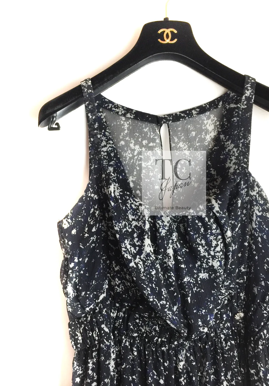 CHANEL 12S Navy Blue Silk Chiffon Dress 40 シャネル ネイビー ブルー 濃紺 シルク シフォン ワンピース 即発