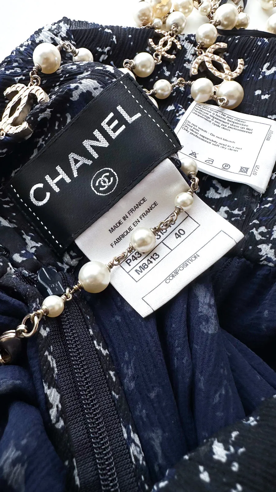 CHANEL 12S Navy Blue Silk Chiffon Dress 40 シャネル ネイビー ブルー 濃紺 シルク シフォン ワンピース 即発
