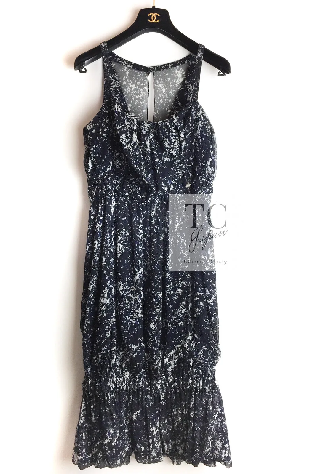 CHANEL 12S Navy Blue Silk Chiffon Dress 40 シャネル ネイビー ブルー 濃紺 シルク シフォン ワンピース 即発