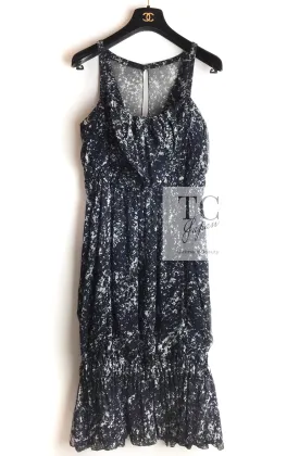 CHANEL 12S Navy Blue Silk Chiffon Dress 40 シャネル ネイビー ブルー 濃紺 シルク シフォン ワンピース 即発