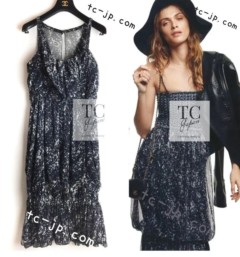 CHANEL 12S Navy Blue Silk Chiffon Dress 40 シャネル ネイビー ブルー 濃紺 シルク シフォン ワンピース 即発