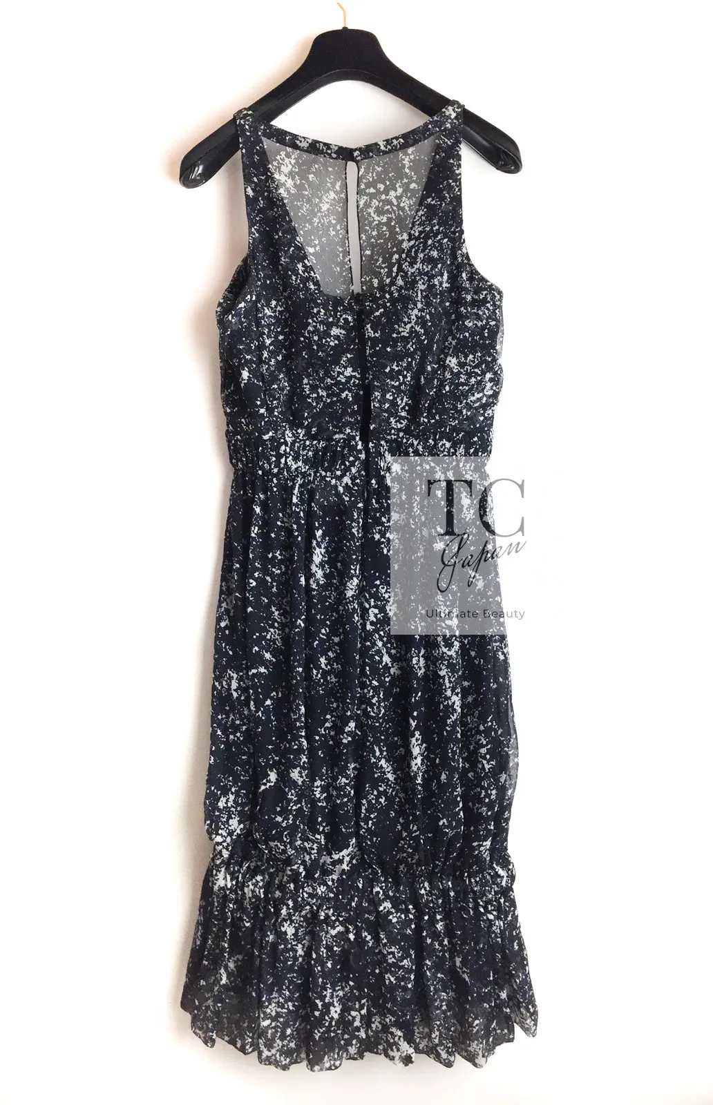 CHANEL 12S Navy Blue Silk Chiffon Dress 40 シャネル ネイビー ブルー 濃紺 シルク シフォン ワンピース 即発