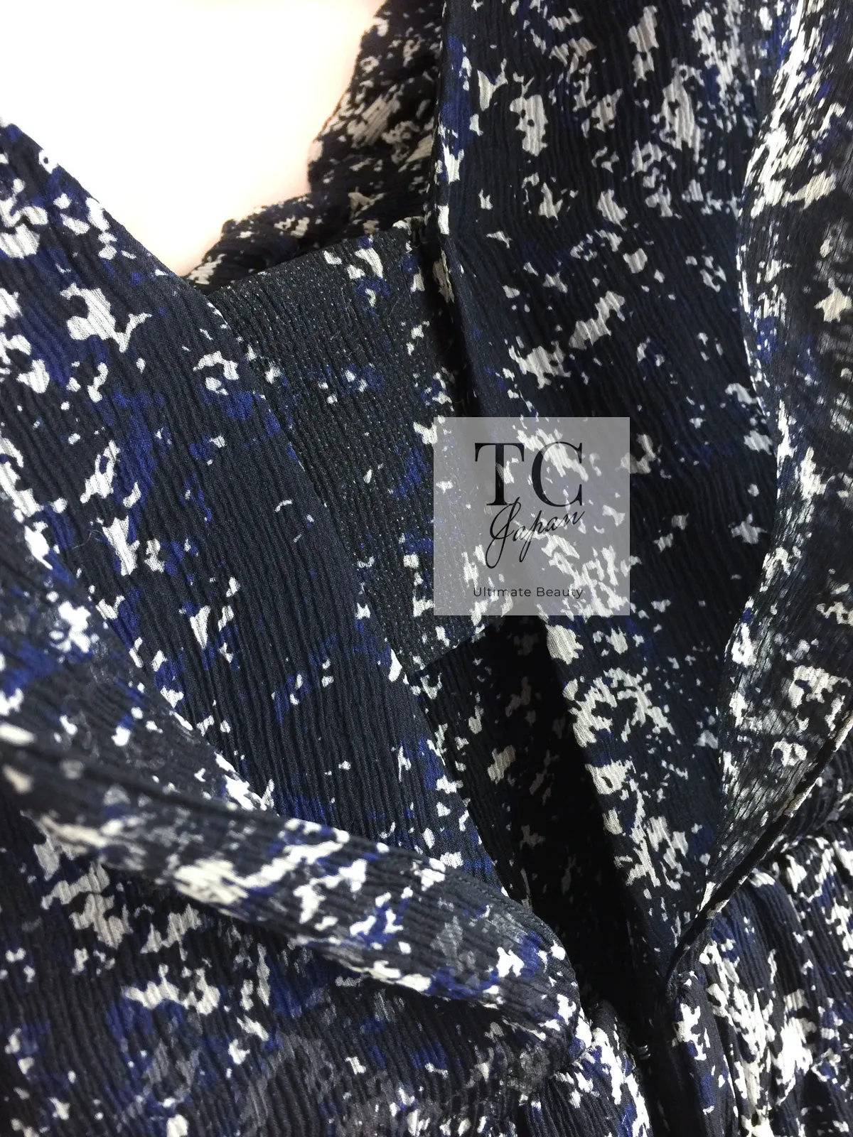 CHANEL 12S Navy Blue Silk Chiffon Dress 40 シャネル ネイビー ブルー 濃紺 シルク シフォン ワンピース 即発