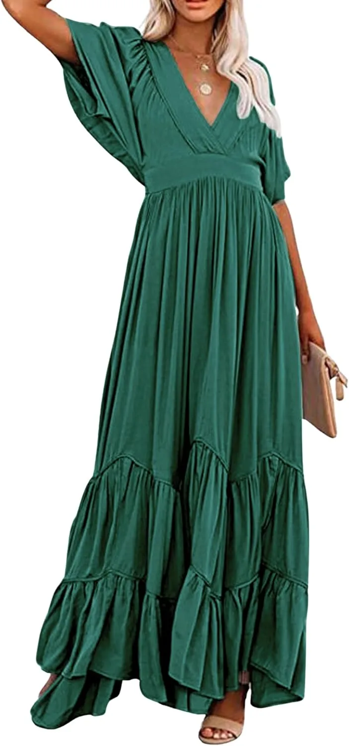 CHARTOU Women's Boho Ruffle Sleeve Flowy Maxi Dress Lace Up Back Tiered Party A Line Dress