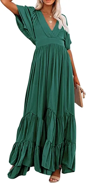 CHARTOU Women's Boho Ruffle Sleeve Flowy Maxi Dress Lace Up Back Tiered Party A Line Dress