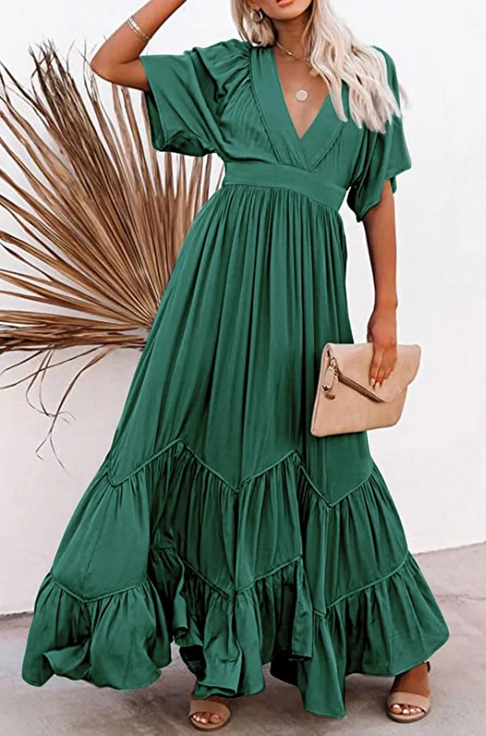 CHARTOU Women's Boho Ruffle Sleeve Flowy Maxi Dress Lace Up Back Tiered Party A Line Dress