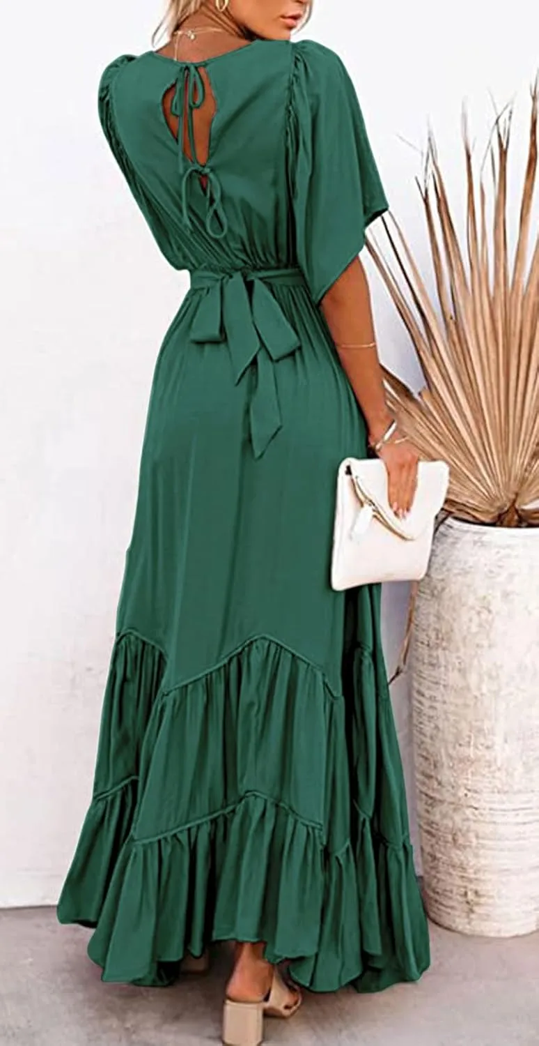 CHARTOU Women's Boho Ruffle Sleeve Flowy Maxi Dress Lace Up Back Tiered Party A Line Dress