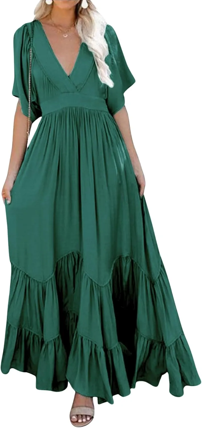 CHARTOU Women's Boho Ruffle Sleeve Flowy Maxi Dress Lace Up Back Tiered Party A Line Dress