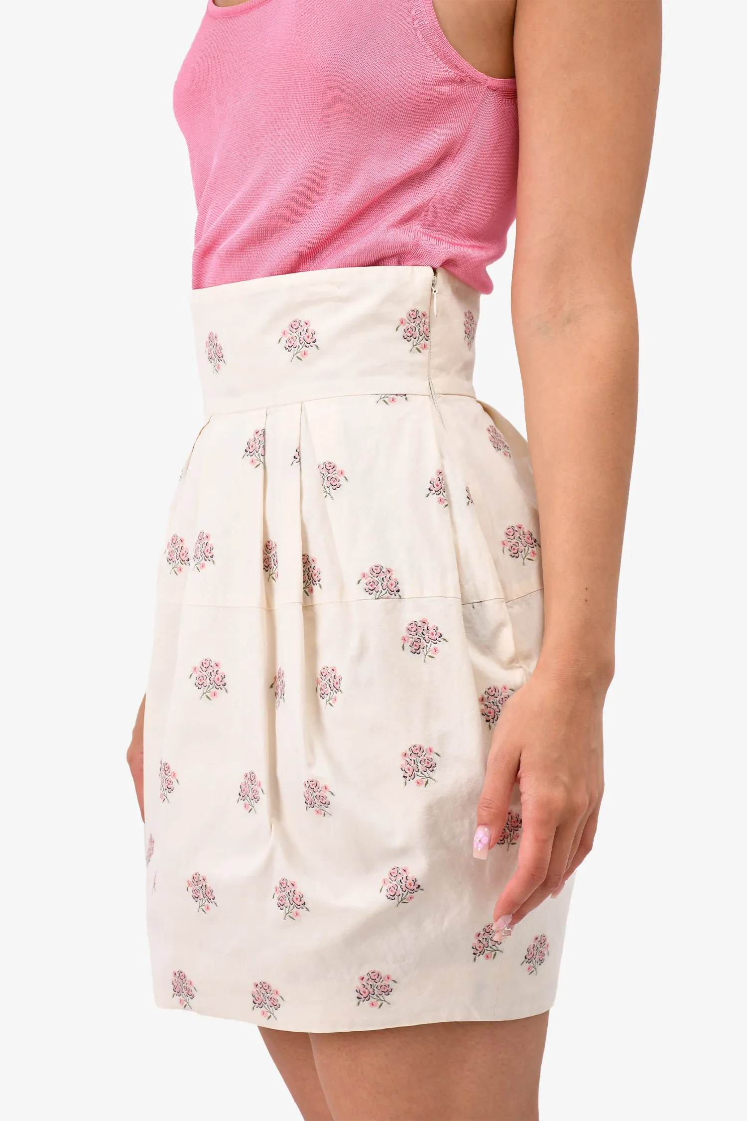 Christian Dior White/Pink Floral Embroidered Tapered Skirt Size 6