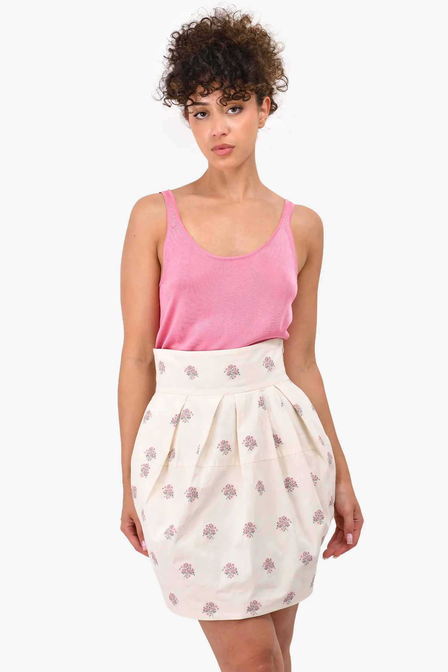 Christian Dior White/Pink Floral Embroidered Tapered Skirt Size 6