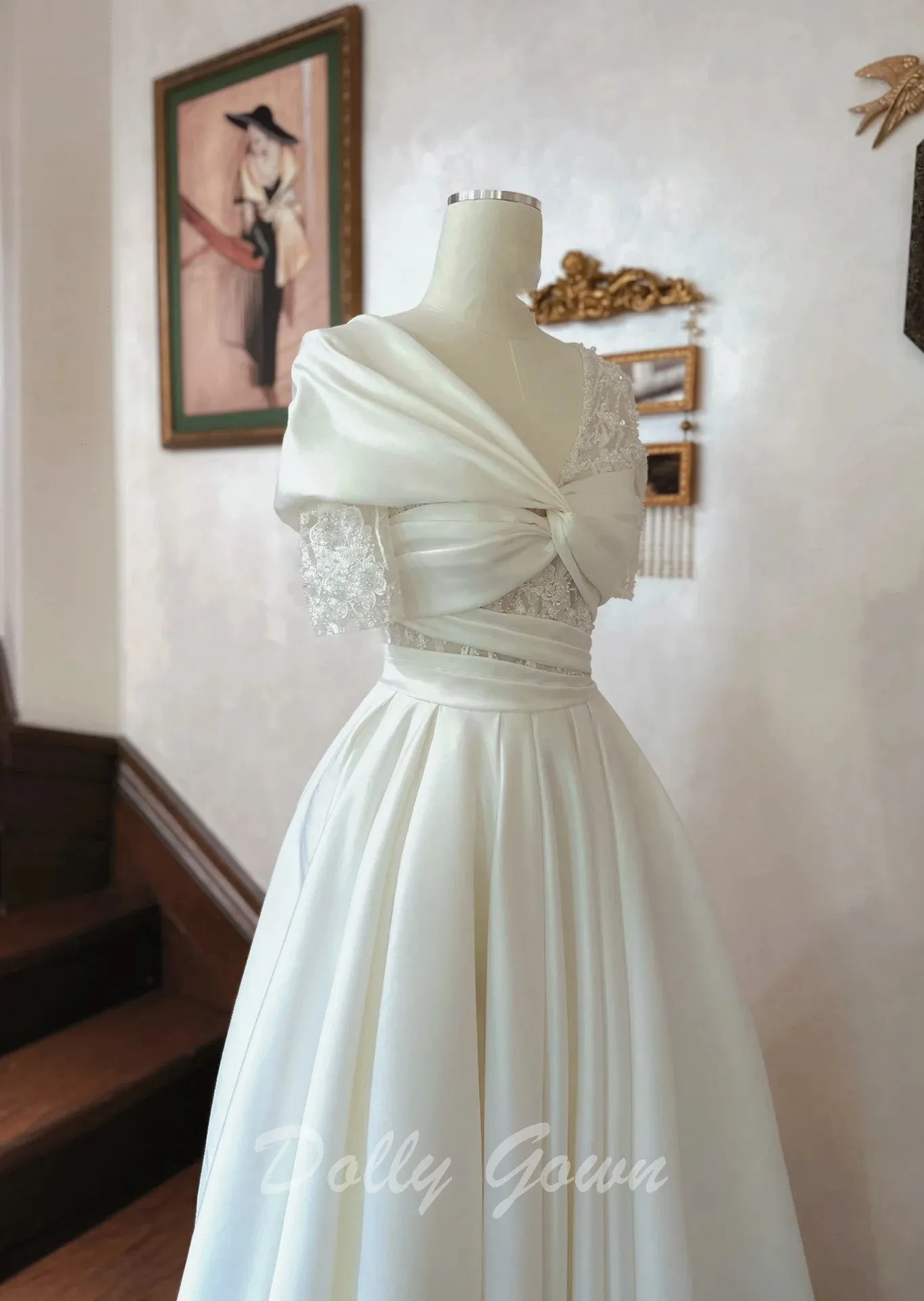 Crisscross Front Aline Short Sleeve Satin Wedding Dress