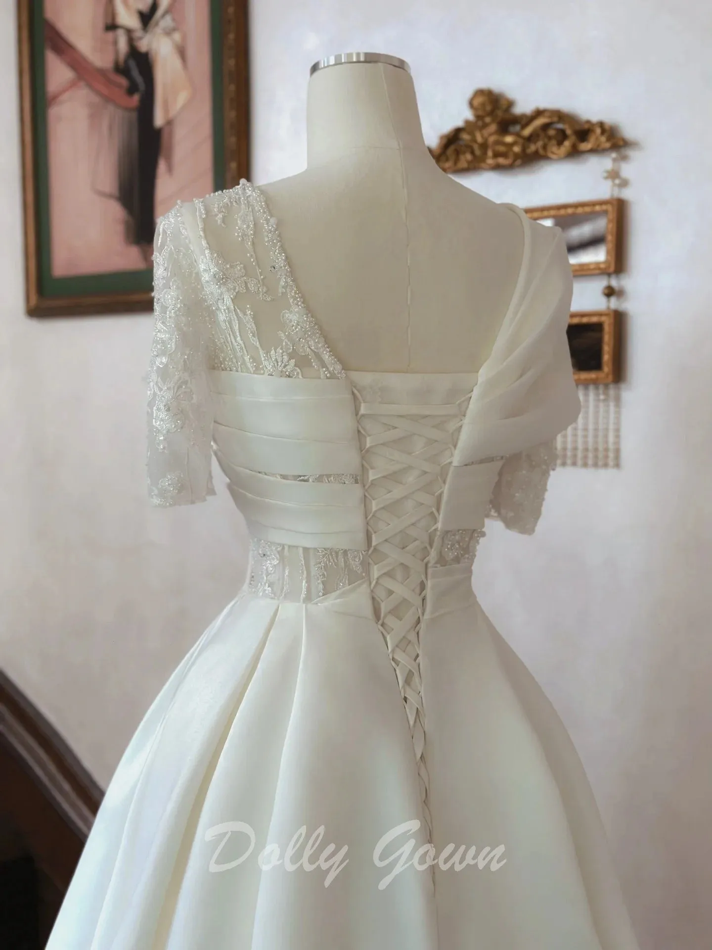 Crisscross Front Aline Short Sleeve Satin Wedding Dress