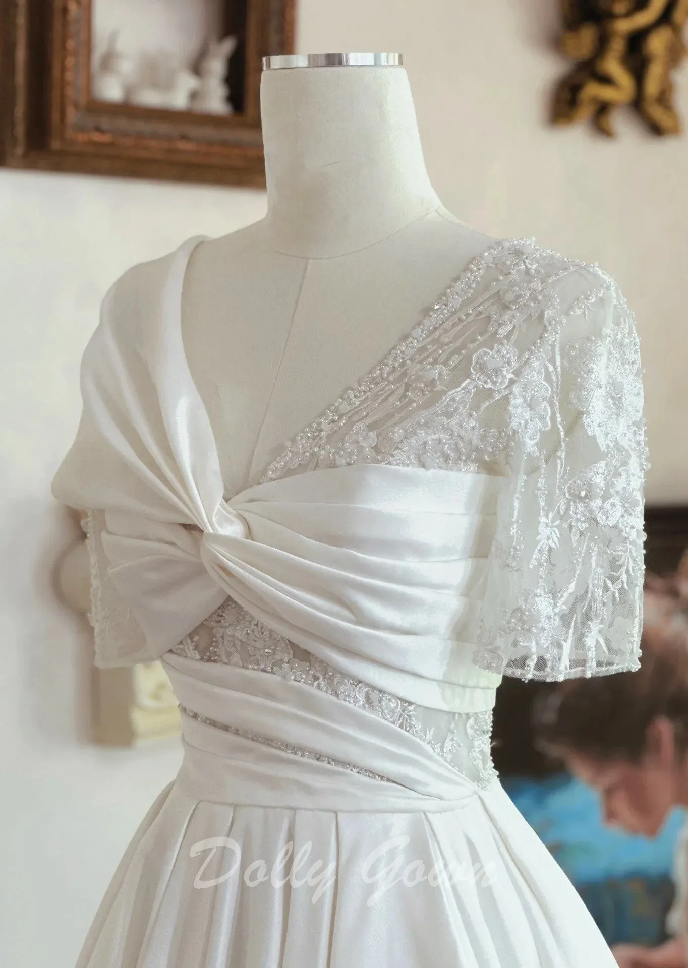 Crisscross Front Aline Short Sleeve Satin Wedding Dress