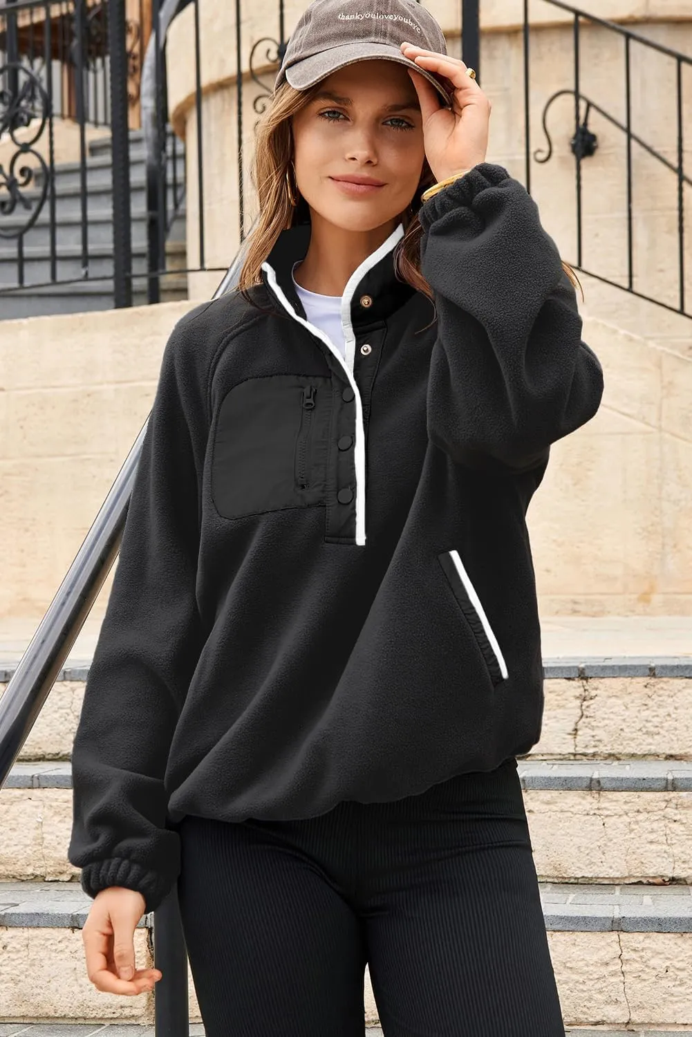Dokotoo Sweatshirt for Women Oversized Fuzzy Fleece Jacket Color Block Button Long Sleeve Pullover Sherpa Sweatshirts Tops