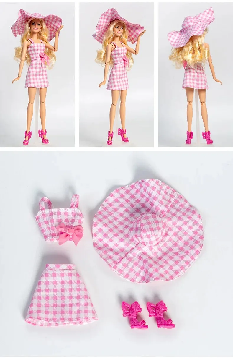 DOLLY® DOLL BARBIE CLOTHES SET BARBIE MOVIE BEACH PINK CHECKERED SKIRT   TOP   HAT  SHOES FOR 12 inch 30 cm 1/6 scale fashion dolls