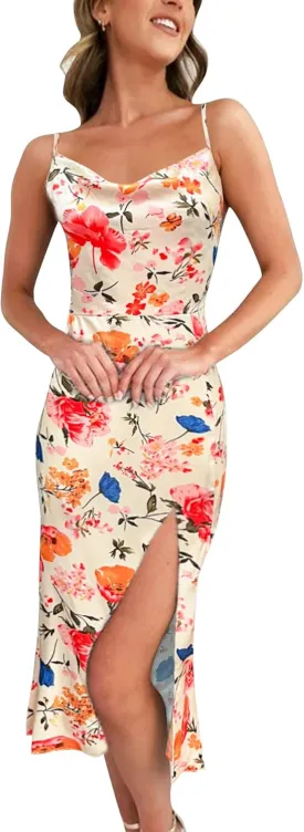 Fashionme Satin Dress Cowl Neck Floral Slip Dresses Bodycon Split Wedding Guest Party Vacation Beach Evening