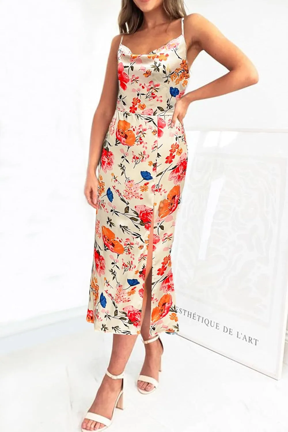 Fashionme Satin Dress Cowl Neck Floral Slip Dresses Bodycon Split Wedding Guest Party Vacation Beach Evening