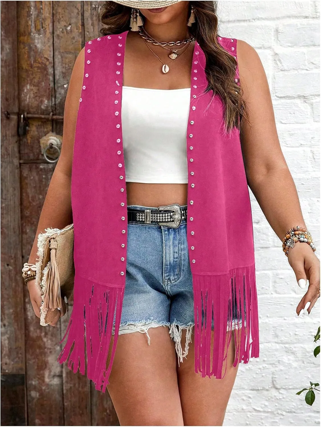 GORGLITTER Women's Plus Size Fringe Vest Cowgirl Western Outfits Rivets Sleeveless Tassel Jacket